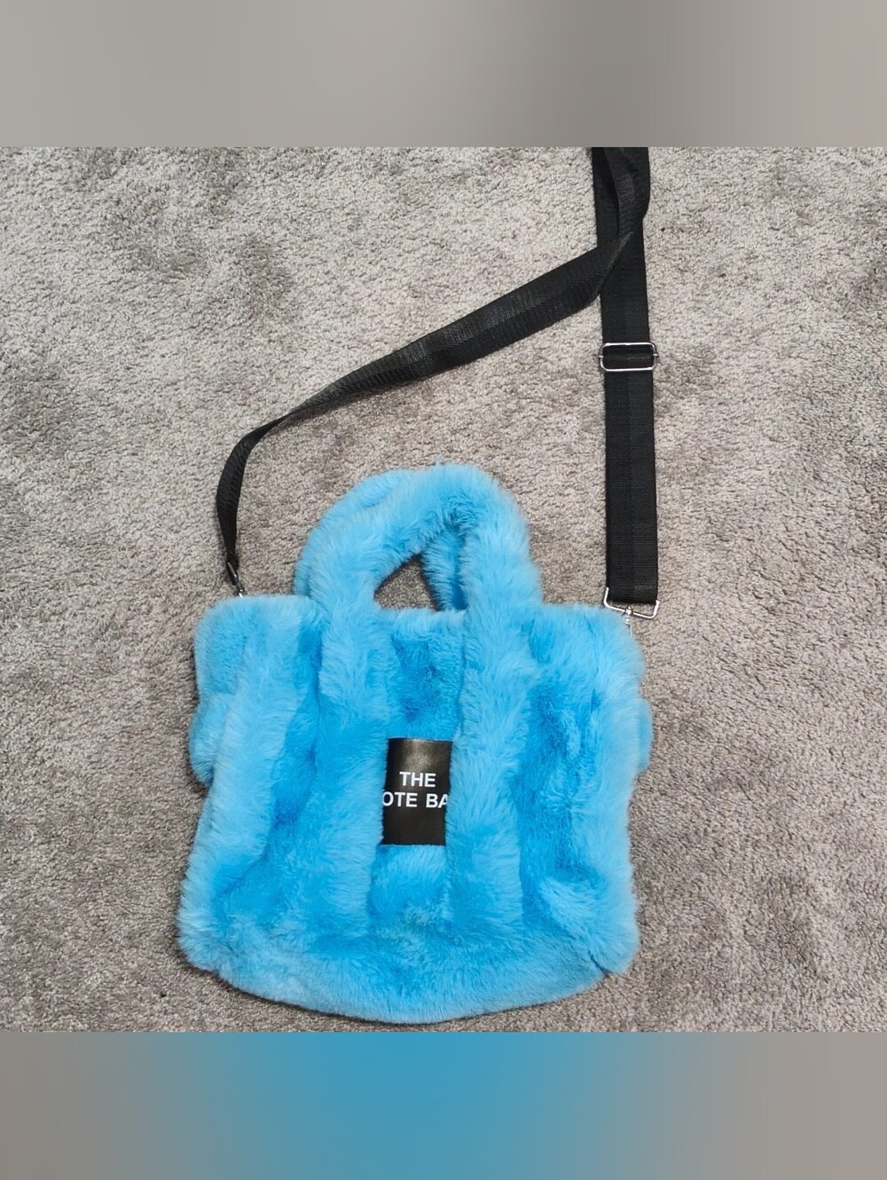 Blue Faux Fur Tote Bag with Detachable Strap